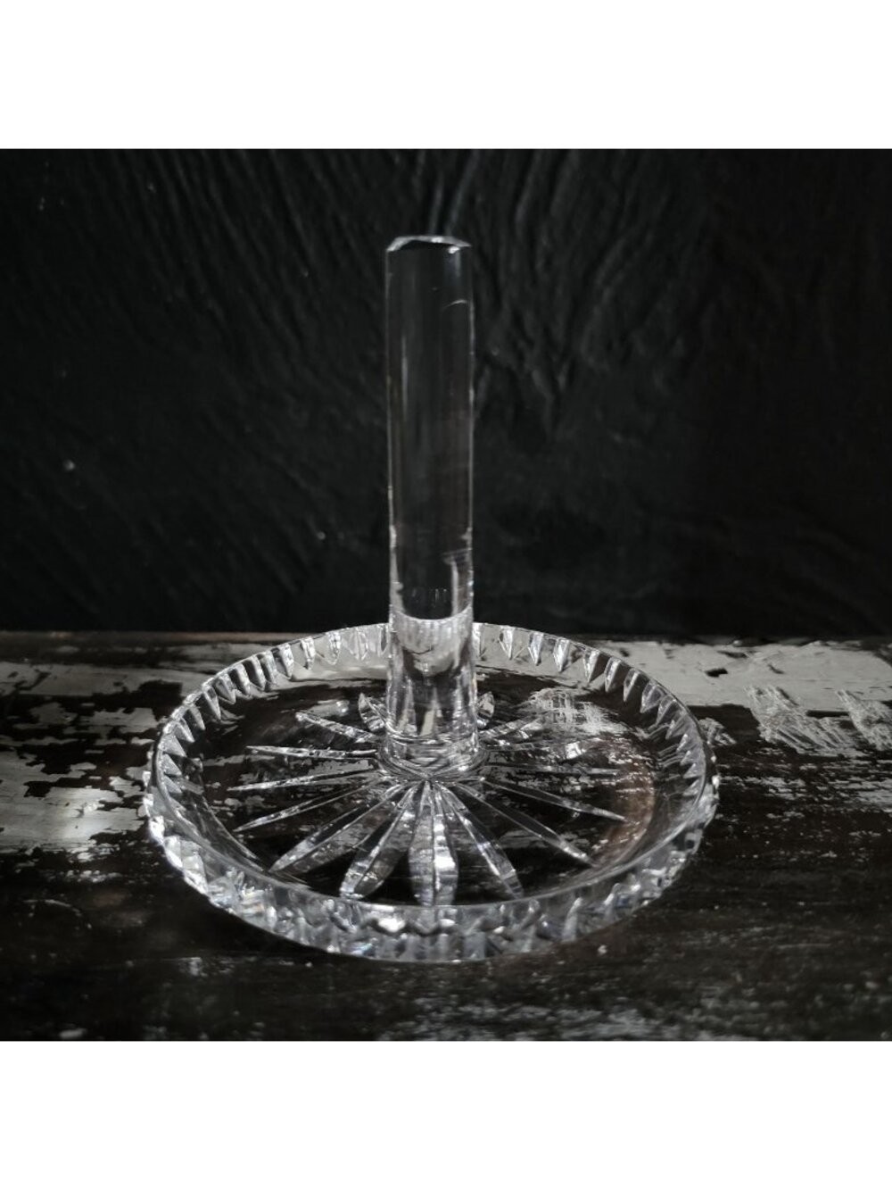 Vintage Crystal Ring Holder Jewelry Organizer With Starburst Pattern Tall Stem